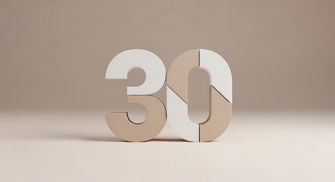 Stylish 3D number thirty in elegant two-tone beige and white, symbolizing significant milestones, anniversaries, or celebrations with a clean, contemporary design