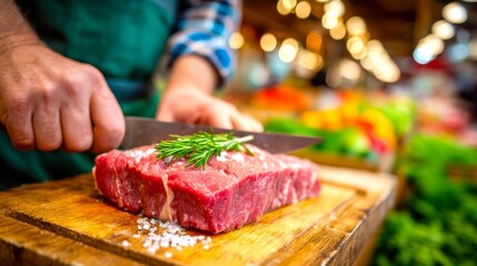 Freshly Cut Meat with Herb Preparation in Vibrant Market Setting
