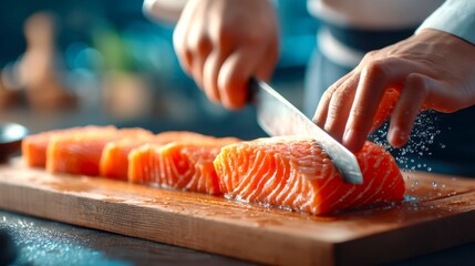Chef Slicing Fresh Salmon Fillet with Professional Cooking Knife