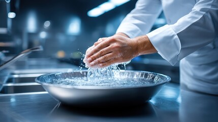 Chef Washing Hands in a Metal Bowl with Sparkling Water Action