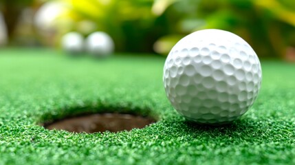 Close-Up of White Golf Ball Near Hole on Green Turf Surface