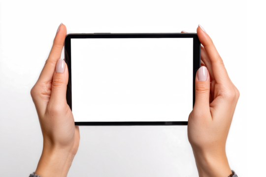 Female hands holding a black tablet computer horizontally with a blank white screen, isolated on a white background, suitable for mockup or template.