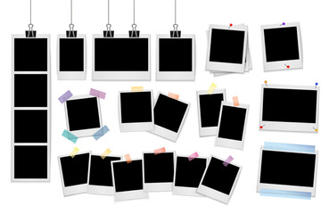 Photo Frame Mockup Set – Realistic Instant Polaroid Photo Templates with Tape, Clips and Pins for Scrapbook, Photo Booth and Album Design Vector Illustration
