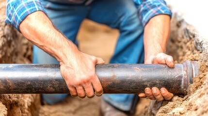 Worker Handling Pipeline Underground During Construction Process