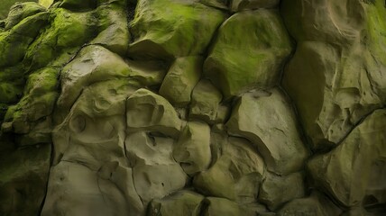 Close-up of weathered rock formations covered in vibrant green moss stone texture