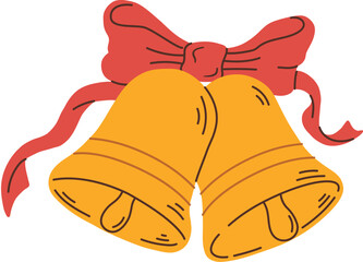 Cartoon Christmas bells with ribbon bow vector illustration. New year winter decoration. Xmas clipart
