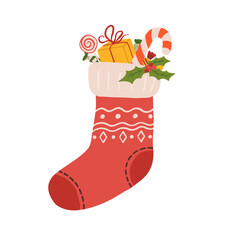 Cartoon vintage Christmas stocking vector illustration. Xmas socks with a gifts. Winter holiday decoration