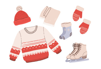 Cartoon winter clothes and accessories vector illustration. Christmas ugly sweaters, mittens, scarf, socks, hat and ice skates set.