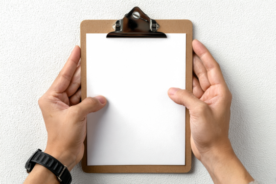 Two hands holding a blank clipboard with white paper against a plain white background, ready for text or design.
