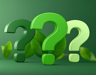 Three green question marks surrounded by leaves on a green background