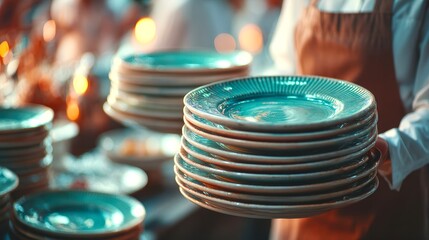 Stack of Elegant Plates Held by Waiter in a Restaurant Setting