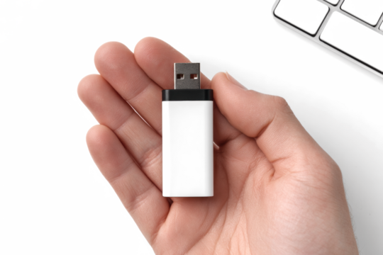 A person's hand holding a white USB flash drive against a clean white background with a keyboard visible.