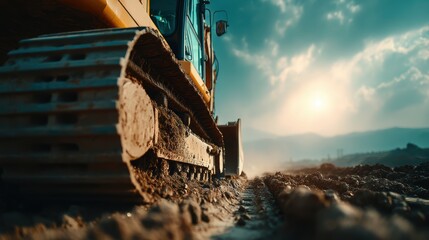 Excavator Tracks in Dirt with Sunset Over Mountains and Clouds