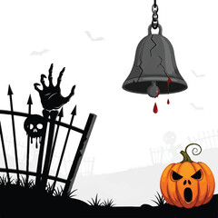 Halloween scene with a graveyard gate skeletal hand bloody bell pumpkin and bats against a white backdrop