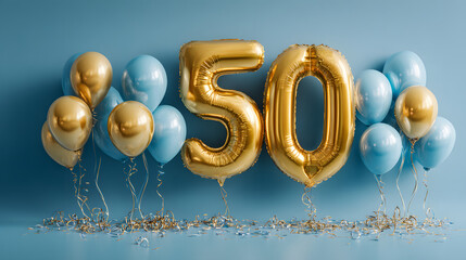 Banner with number 50 golden balloon with copy space. Fifty years anniversary celebration concept on a blue background.