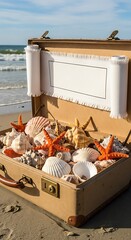 Vintage Suitcase Filled with Seashells on Beach.
