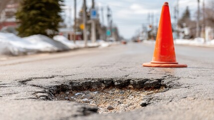 Road Damage Pothole with Safety Cone in Urban Environment