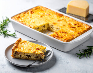 Golden Baked Savory Casserole with a Perfect Slice, Fresh Rosemary, and Cheese Block.