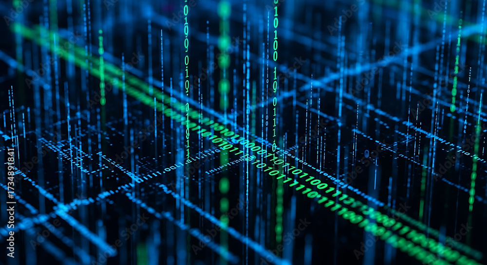 Wall mural abstract blue and green binary code data flow with network grid image photo