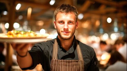 Young Male Chef Serving Delicious Dish in Vibrant Restaurant Setting
