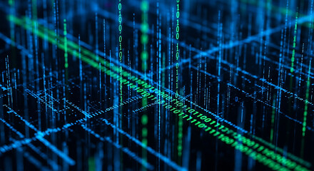 Abstract Blue and Green Binary Code Data Flow with Network Grid image photo