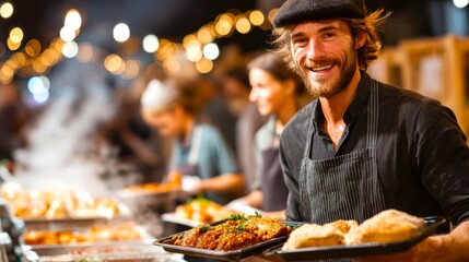 Smiling vendor at vibrant food market serving delicious dishes