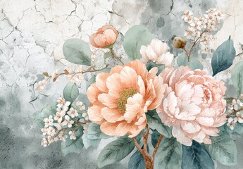 A delicate arrangement of peach and blush-toned flowers, accented by soft greens and whites, against a distressed gray backdrop.