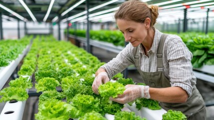 Female Gardener Harvesting Fresh Lettuce in Modern Hydroponic Farm