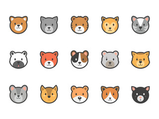 Collection of cute animal faces depicted with simple outlines and soft colors, showcasing a playful and cheerful mood.