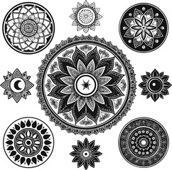 Set of 8 designs solid black silhouette mandala, sun mandala, flower mandala, moon mandala, geometric mandala, full black fill, realistic proportions, isolated on white background, ve