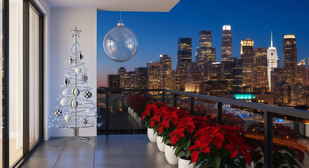 Modern apartment balcony decorated for christmas with a silver tree and poinsettias, overlooking a city skyline at night with illuminated skyscrapers and a clear sky
