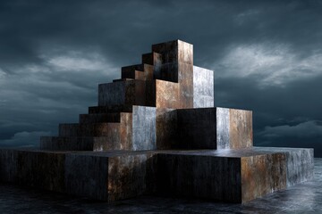 Abstract Metallic Cube Stairway Under Stormy Sky