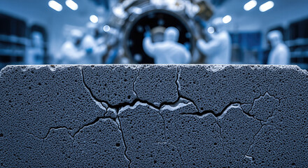 Cracked ceramic tile in cleanroom with technicians working on spacecraft module. Cracked surface of ceramic heat shield tile highlights precision environment of cleanroom.