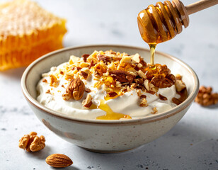 Golden Honey Drizzles onto a Creamy Yogurt and Walnut Breakfast Bowl.