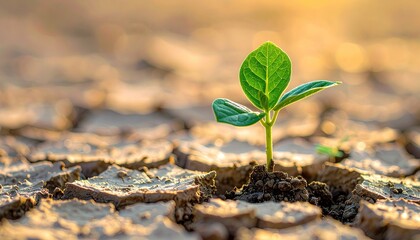 Sprout growing in dry soil. Hope concept. Sun shining on cracked earth backdrop