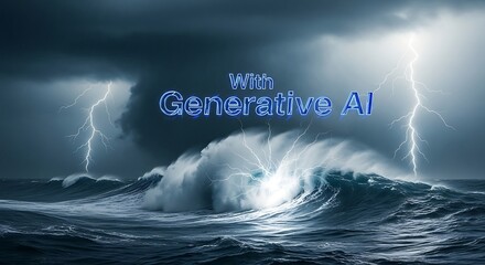 Powerful Stormy Ocean Waves with Lightning.