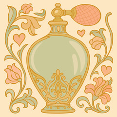 Elegant perfume bottle surrounded with soft flowers and hearts. Vector illustration