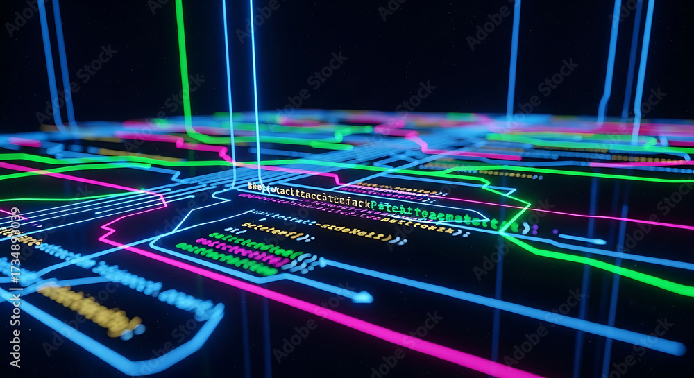 Wall mural abstract neon circuit board with glowing code and data lines technology digital