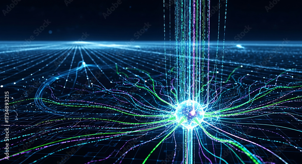 Wall mural abstract neural network with glowing synapses and data flow brain artificial intelligence