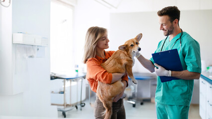 Woman owner carrying cute Pembroke Welsh Corgi dog at vet clinic, lady with puppy visiting doctor for regular checkup, panorama, free space. Pet care concept