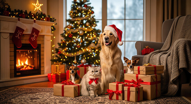 Festive pets with golden retriever, cat, and gifts at cozy Christmas setting by fireplace. Holiday decorations enhance warmth and joy in living room, capturing essence of festive season with pets. - Powered by Adobe