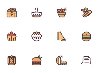 Collection of food items represented as simple line drawings with color fill on white, showcasing culinary variety and modern aesthetic appeal.