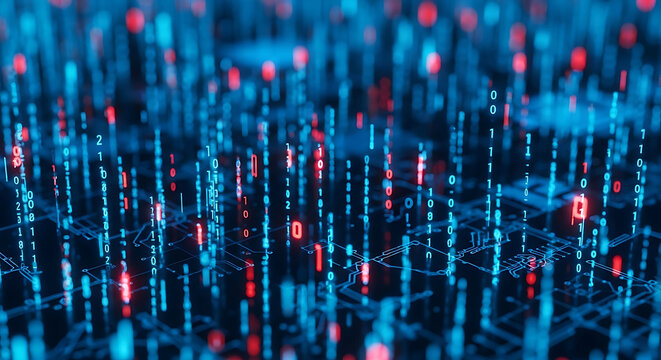 Digital Binary Code Data Flow on Futuristic Circuit Board Background technology computer