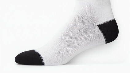 Blank white cotton long sock with black heel on invisible foot isolated on white background as mock up for advertising, branding, design, side view, template.