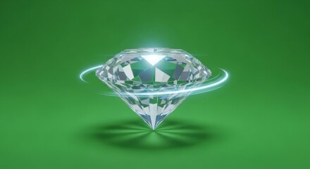 Brilliant diamond rotation with light effect for chromakey isolated on green screen. Gemstone animation for luxury product.