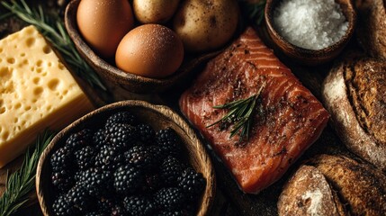 Rustic composition of healthy foods offering a balanced dietary approach