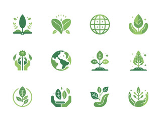 Green leaves and earth symbols represent environmental conservation and sustainability in a clean, modern style, promoting a positive and ecofriendly message.