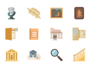 Collection of historical artifacts and museum exhibits displayed as cartoon icons representing cultural heritage and historical knowledge in a simple, educational style.