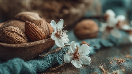 Almonds and Walnuts with White Blossoms on Rustic Wooden Surface Still Life