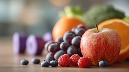Balancing Wellness: Fresh Fruits, Vegetables and Weightlifting Equipment Setup